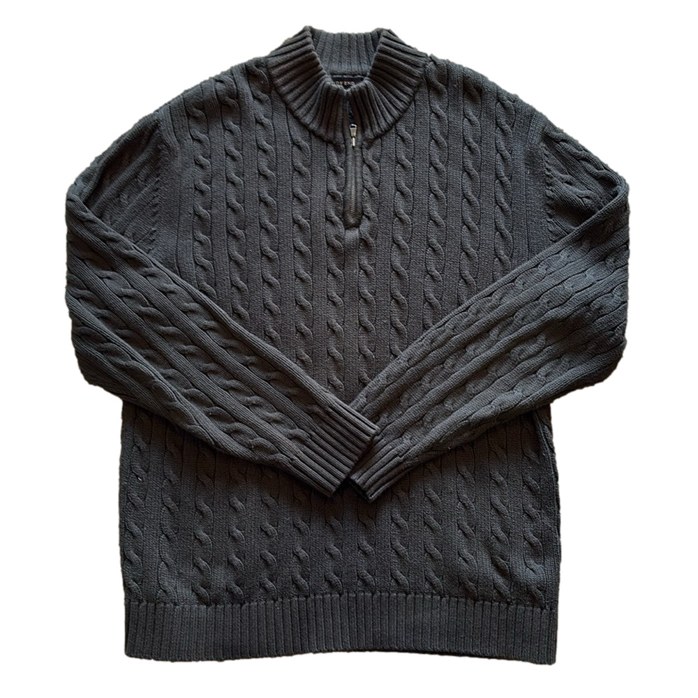 Lands End Mens XL Brown Cable Knit Drifter 1/4 Zip Cotton Sweater